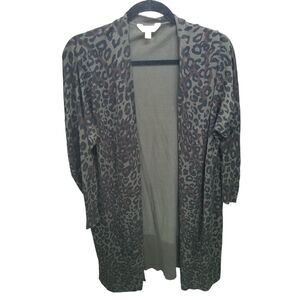 Terra&Sky Womens Sz 1X Green Black Animal Print 3/4 Sleeve Long Cardigan
